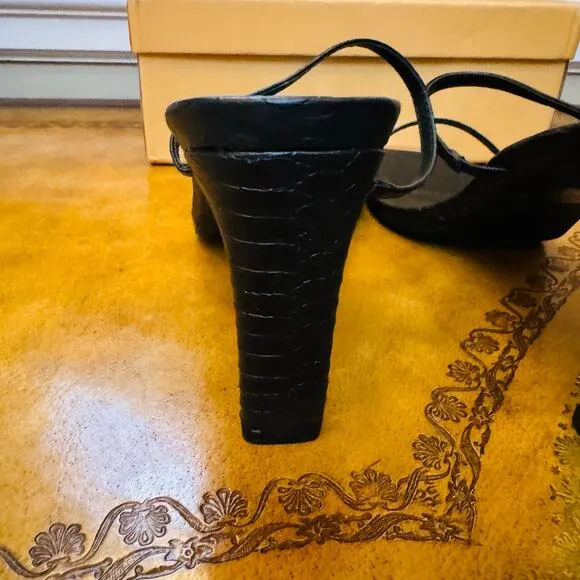 Simmi London Tanner Black Faux Snake Print 2 Strap Mules Gold Sandals Size 8 NEW