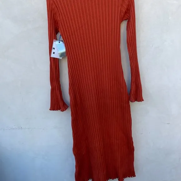 Simon Miller Wells Midi Dress in Rust Large Wide Ribbed Knit Long Sleeve