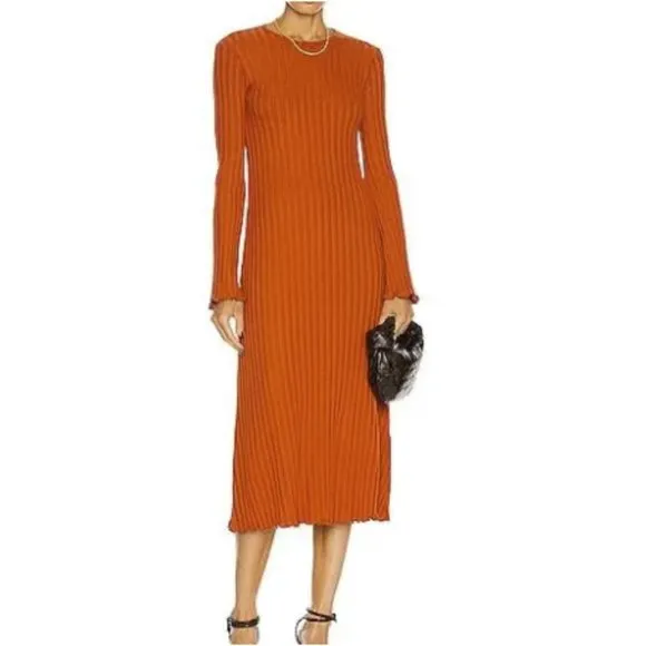 Simon Miller Wells Midi Dress in Rust Large Wide Ribbed Knit Long Sleeve