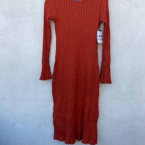 Simon Miller Wells Midi Dress in Rust Large Wide Ribbed Knit Long Sleeve