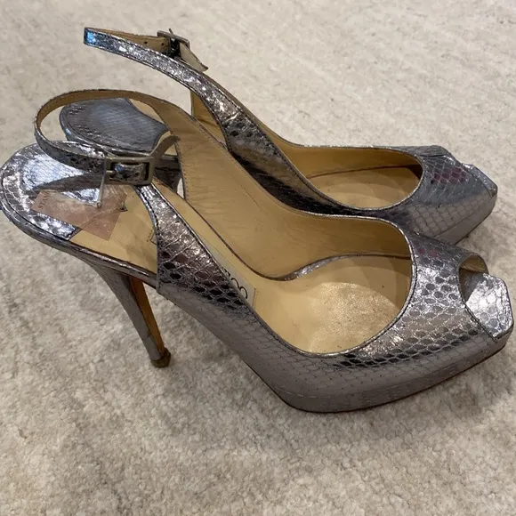 Size 35.5 Jimmy Choo Silver Peeptoe Slingback Heels