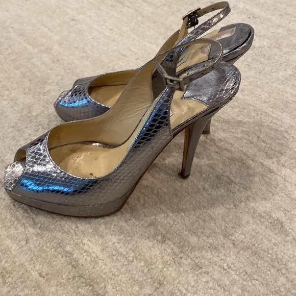 Size 35.5 Jimmy Choo Silver Peeptoe Slingback Heels