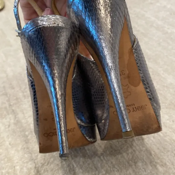 Size 35.5 Jimmy Choo Silver Peeptoe Slingback Heels