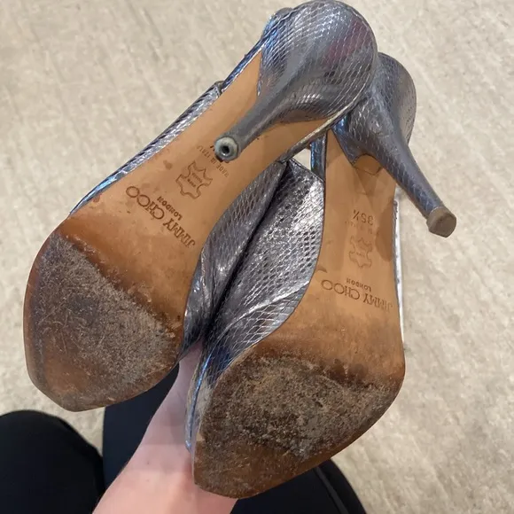 Size 35.5 Jimmy Choo Silver Peeptoe Slingback Heels