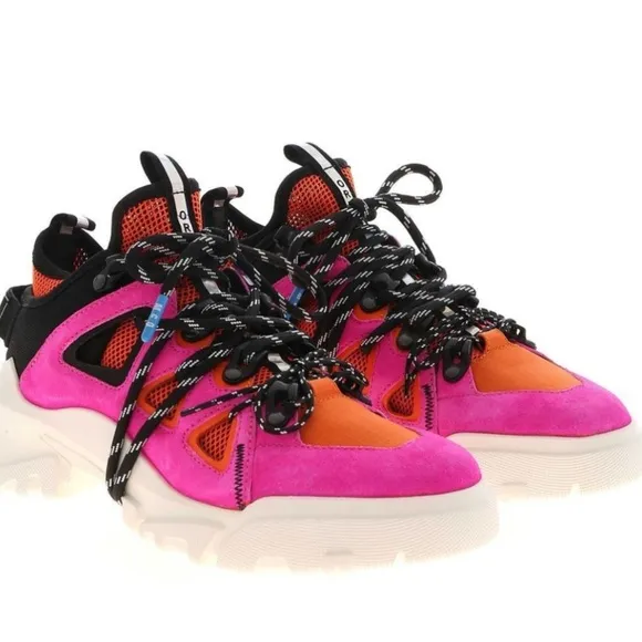 Size 6.5 MCQ by Alexander McQueen Orbyt Mid  Sneakers Fuchsia And Orange suede