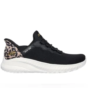 SKECHERS Bobs Sport Slip Ins in black and leopard heel accent
