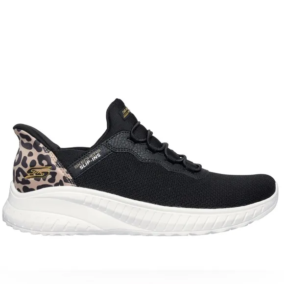 SKECHERS Bobs Sport Slip Ins in black and leopard heel accent