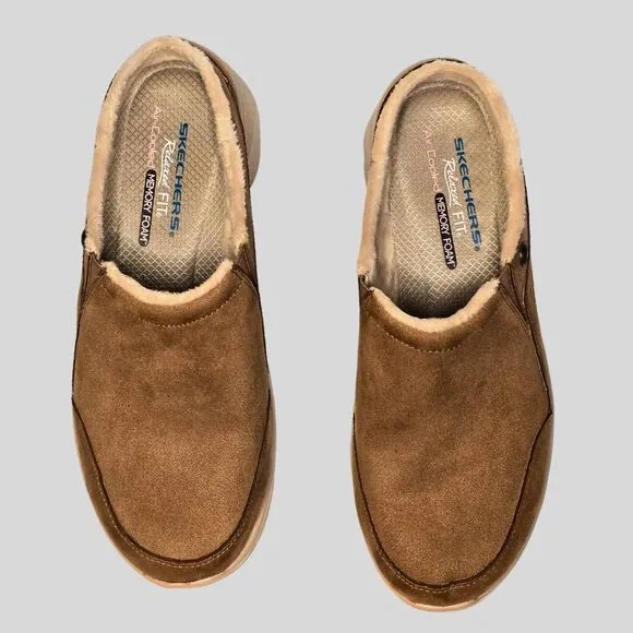 Skechers Easy Going Clogs Women’s 9 Slip-On Suede Faux Fur Memory Foam Mules Tan