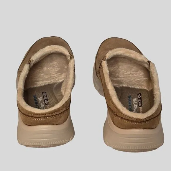 Skechers Easy Going Clogs Women’s 9 Slip-On Suede Faux Fur Memory Foam Mules Tan