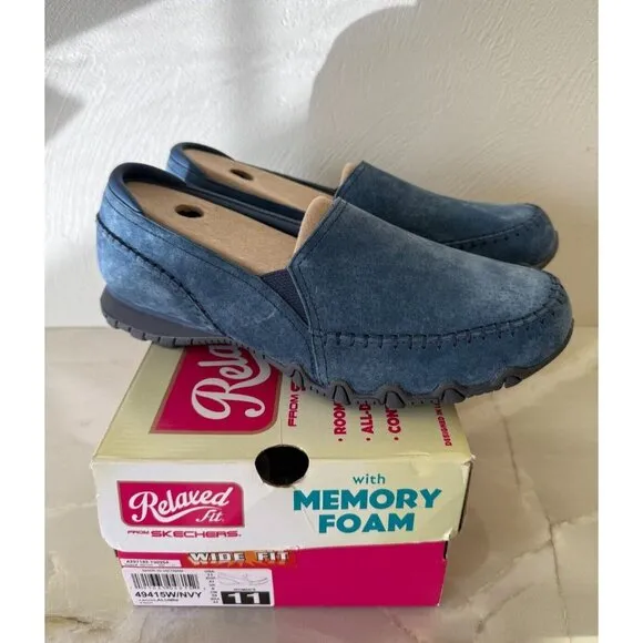 Skechers Womens Navy Suede Bikers Alumni Slip Ons Size 11W Comfort‎ Memory Foam