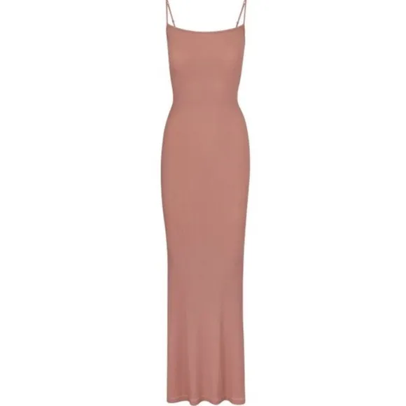 SKIMS Ribbed Long Slip Dress In Rose Clay