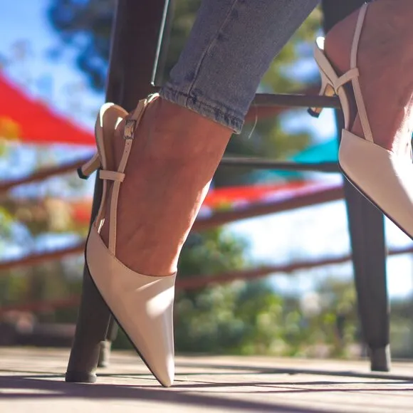 Sling Fling High White Heels – 55mm Leather Slingback Pumps, Comfortable