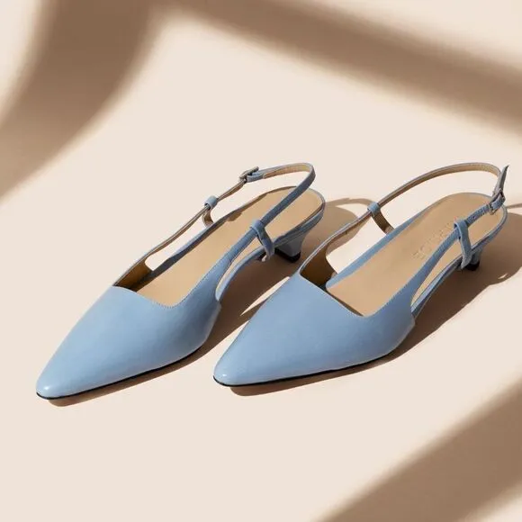 Sling Fling Low Slingback Kitten Heels by Kiki Price – Pale Blue