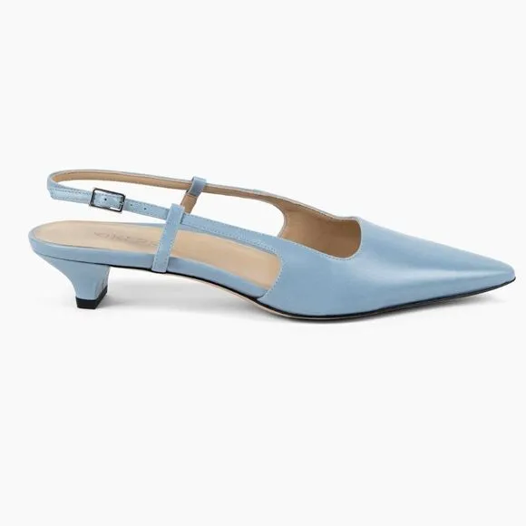 Sling Fling Low Slingback Kitten Heels by Kiki Price – Pale Blue