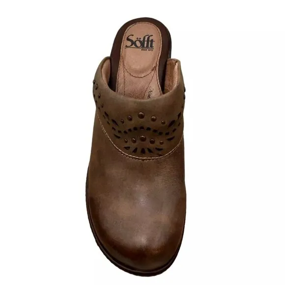 Sofft Laina Women's Open Back Leather Clogs Size 7.5-9 Mocha/Brown Arch Support