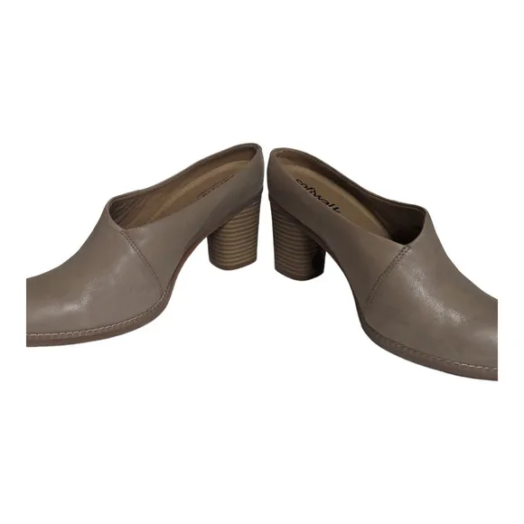 Soft Walk Keya Leather Block Heel Mules Taupe Women's Comfort Size 10W