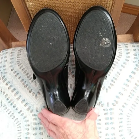 Soft Walk Leather Slip On Block Heel Comfort Mules Clogs 7.5N Black Buckle