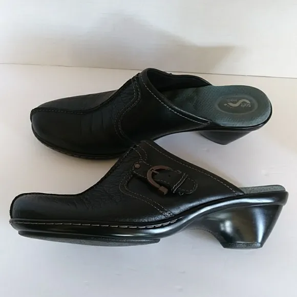 Soft Walk Leather Slip On Block Heel Comfort Mules Clogs 7.5N Black Buckle
