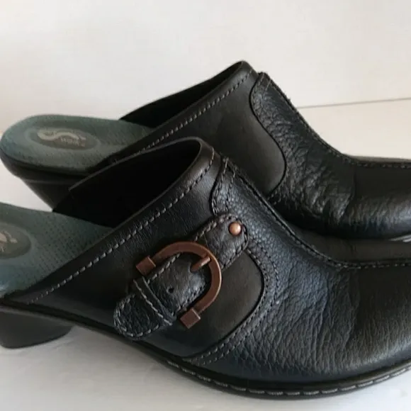 Soft Walk Leather Slip On Block Heel Comfort Mules Clogs 7.5N Black Buckle