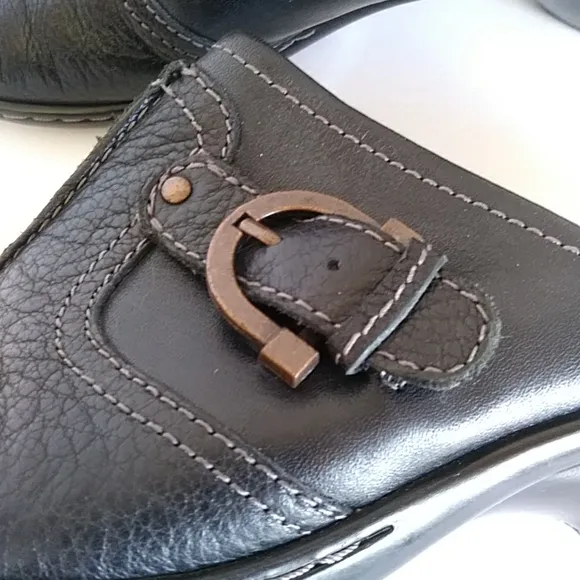 Soft Walk Leather Slip On Block Heel Comfort Mules Clogs 7.5N Black Buckle