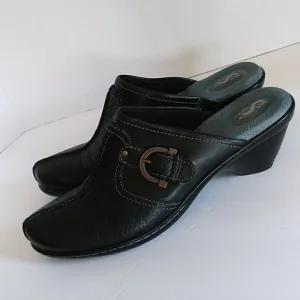 Soft Walk Leather Slip On Block Heel Comfort Mules Clogs 7.5N Black Buckle