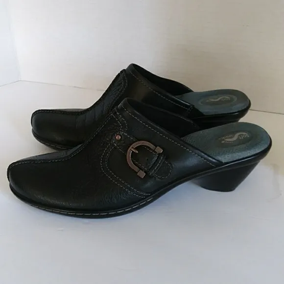 Soft Walk Leather Slip On Block Heel Comfort Mules Clogs 7.5N Black Buckle