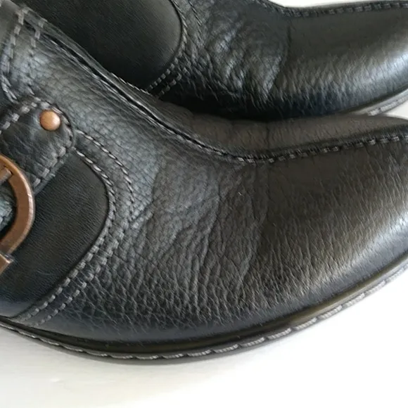 Soft Walk Leather Slip On Block Heel Comfort Mules Clogs 7.5N Black Buckle