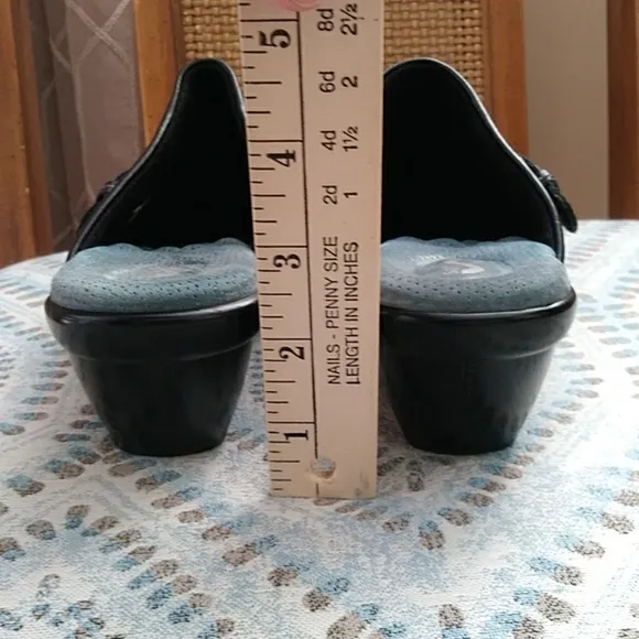 Soft Walk Leather Slip On Block Heel Comfort Mules Clogs 7.5N Black Buckle