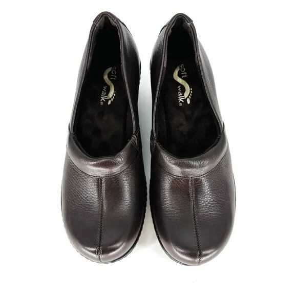 SoftWalk Brown Leather Slip On Melody Platform Non-Skid Work Clog Wedge Mule 6M