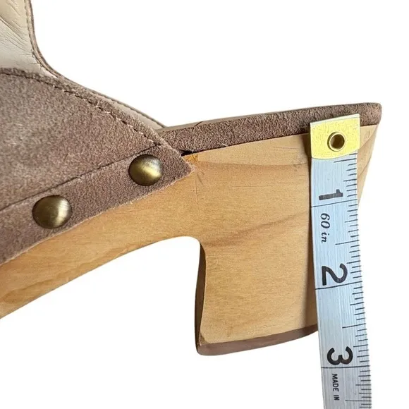 SOLE SOCIETY Tan Taupe Suede Leather Clogs, Studded Wooden‎ Mules Shoes SIZE 8.5