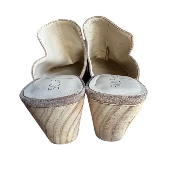 SOLE SOCIETY Tan Taupe Suede Leather Clogs, Studded Wooden‎ Mules Shoes SIZE 8.5