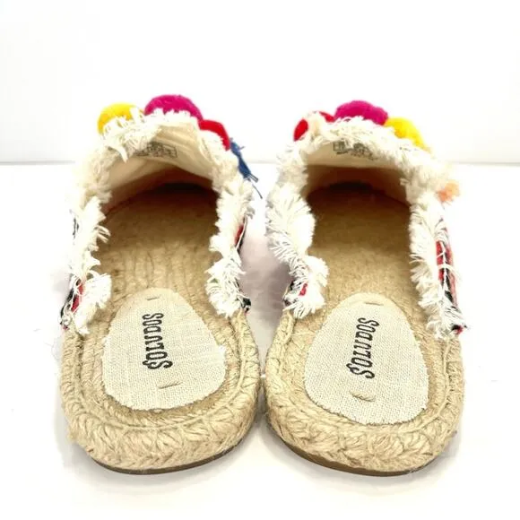 SOLUDOS &quot;POMMEL&quot; FRAYED EDGE POM-POM RED CANVAS ESPADRILLE MULE/FLATS/SANDALS🆕