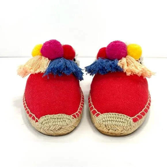 SOLUDOS &quot;POMMEL&quot; FRAYED EDGE POM-POM RED CANVAS ESPADRILLE MULE/FLATS/SANDALS🆕