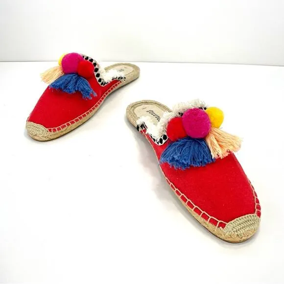 SOLUDOS &quot;POMMEL&quot; FRAYED EDGE POM-POM RED CANVAS ESPADRILLE MULE/FLATS/SANDALS🆕