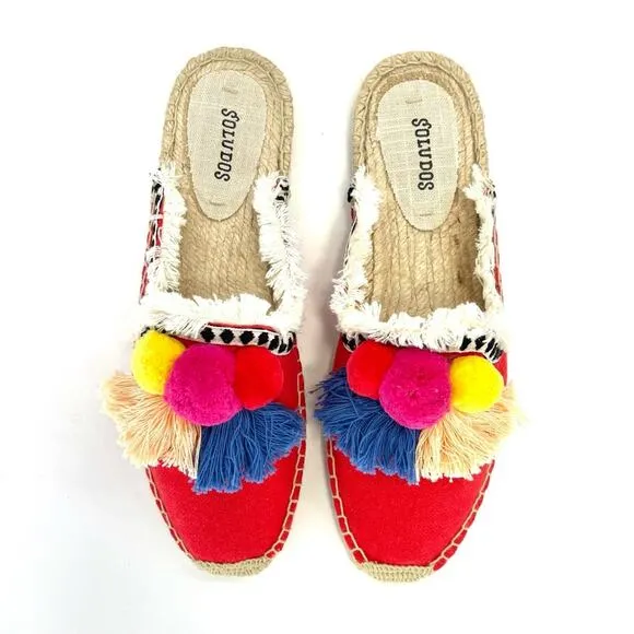 SOLUDOS &quot;POMMEL&quot; FRAYED EDGE POM-POM RED CANVAS ESPADRILLE MULE/FLATS/SANDALS🆕