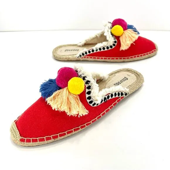 SOLUDOS &quot;POMMEL&quot; FRAYED EDGE POM-POM RED CANVAS ESPADRILLE MULE/FLATS/SANDALS🆕