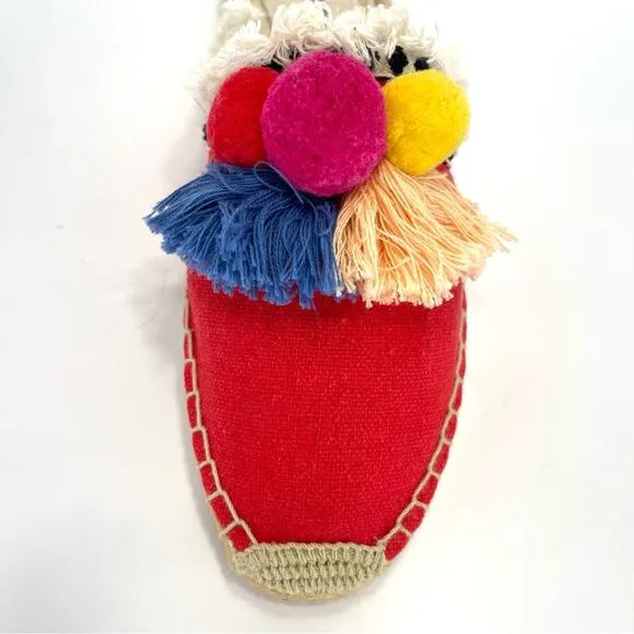 SOLUDOS &quot;POMMEL&quot; FRAYED EDGE POM-POM RED CANVAS ESPADRILLE MULE/FLATS/SANDALS🆕