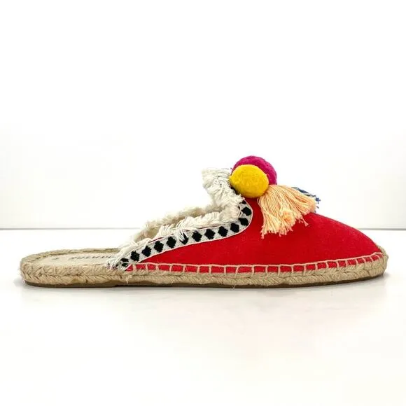 SOLUDOS &quot;POMMEL&quot; FRAYED EDGE POM-POM RED CANVAS ESPADRILLE MULE/FLATS/SANDALS🆕
