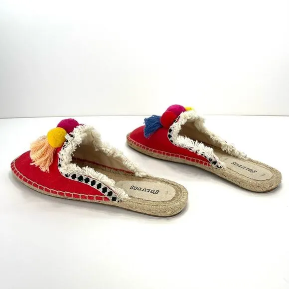 SOLUDOS &quot;POMMEL&quot; FRAYED EDGE POM-POM RED CANVAS ESPADRILLE MULE/FLATS/SANDALS🆕