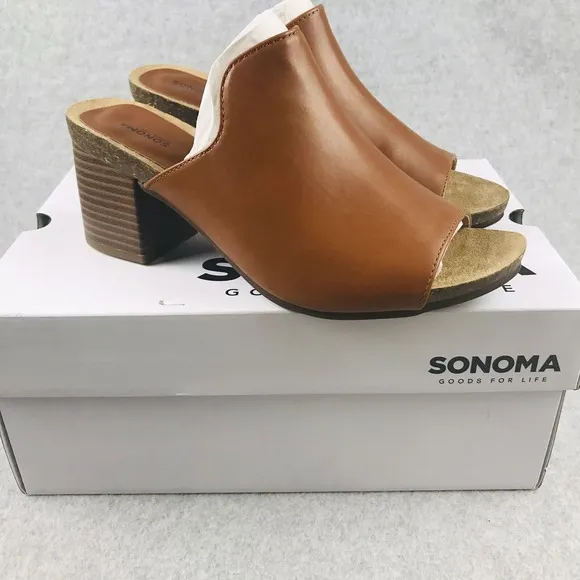 Sonoma Mules Womens Size 9 Faux Leather Peep Toe Slip On Block Chucky Heels New