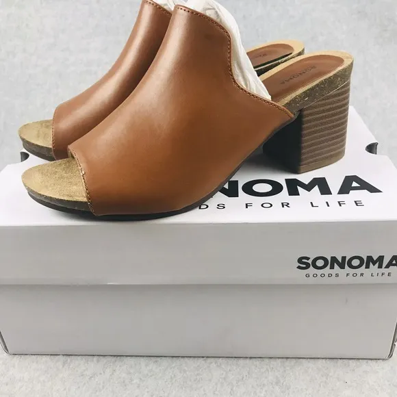 Sonoma Mules Womens Size 9 Faux Leather Peep Toe Slip On Block Chucky Heels New