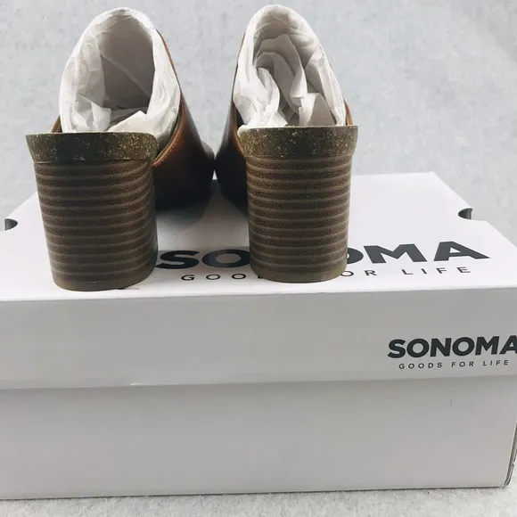 Sonoma Mules Womens Size 9 Faux Leather Peep Toe Slip On Block Chucky Heels New