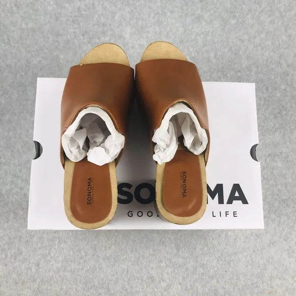 Sonoma Mules Womens Size 9 Faux Leather Peep Toe Slip On Block Chucky Heels New