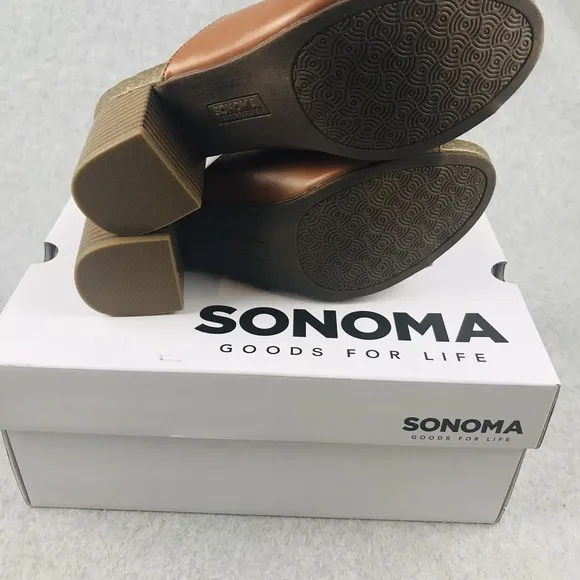 Sonoma Mules Womens Size 9 Faux Leather Peep Toe Slip On Block Chucky Heels New