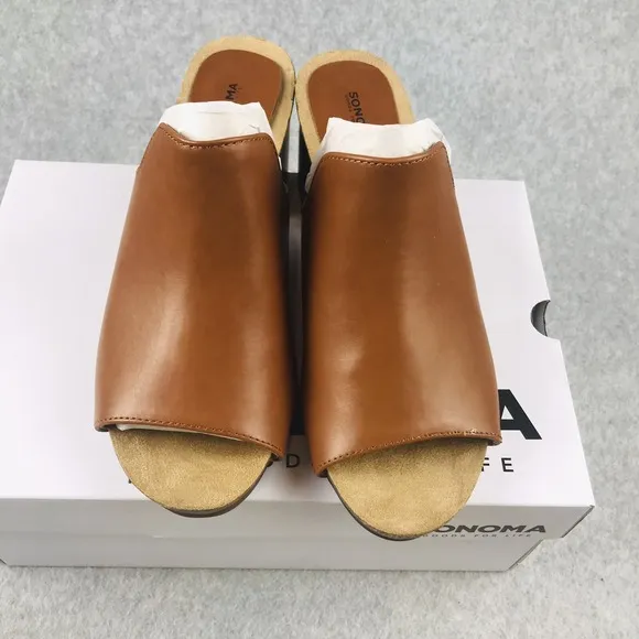 Sonoma Mules Womens Size 9 Faux Leather Peep Toe Slip On Block Chucky Heels New