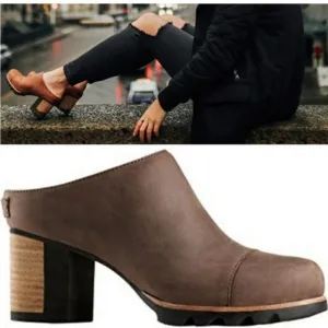 Sorel Addington Stacked Heel Leather Mule size 9.5 brown