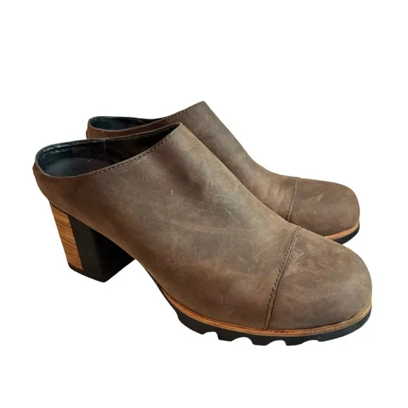 Sorel Addington Stacked Heel Leather Mule size 9.5 brown