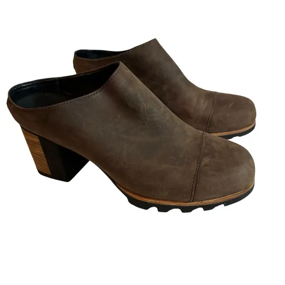 Sorel Addington Stacked Heel Leather Mule size 9.5 brown
