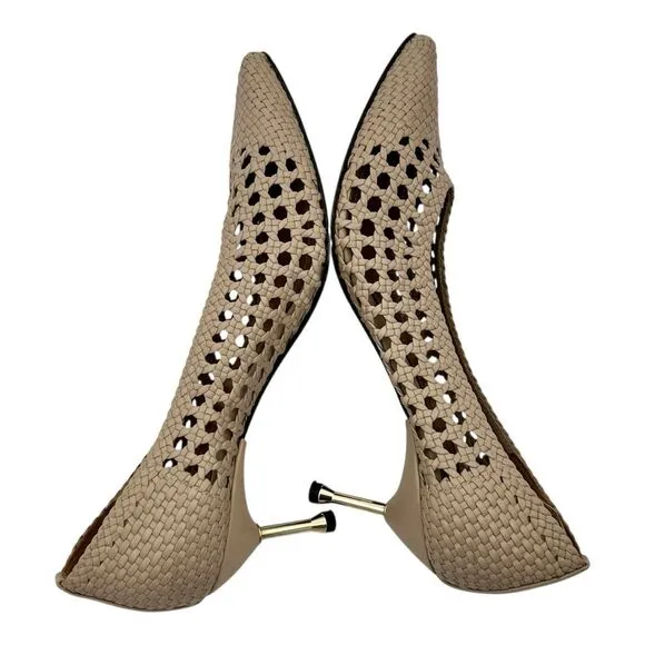 Souliers Martinez Handmade Woven Leather Kitten Gold Heels – women’s Size 39
