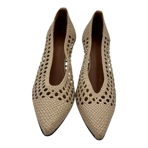 Souliers Martinez Handmade Woven Leather Kitten Gold Heels – women’s Size 39